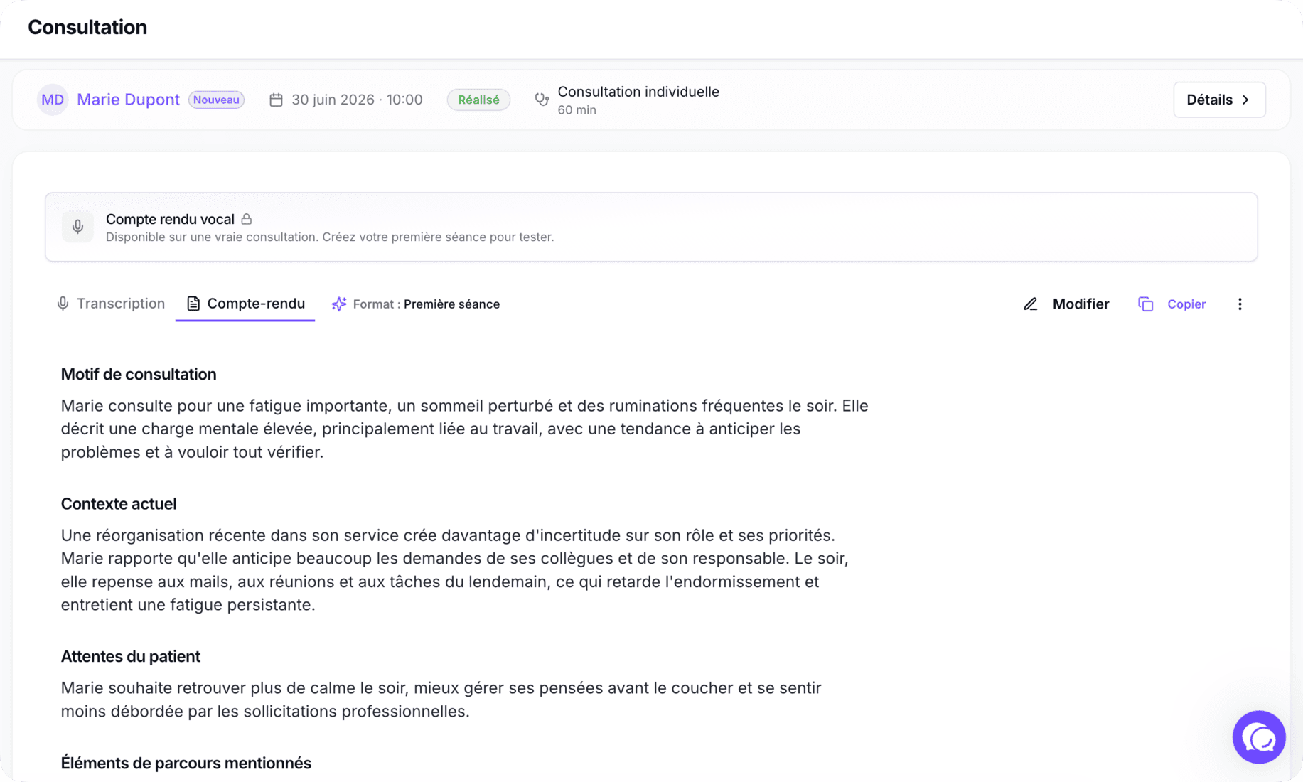 Écran Floyaa : notes de séance, format sélectionné et compte-rendu structuré